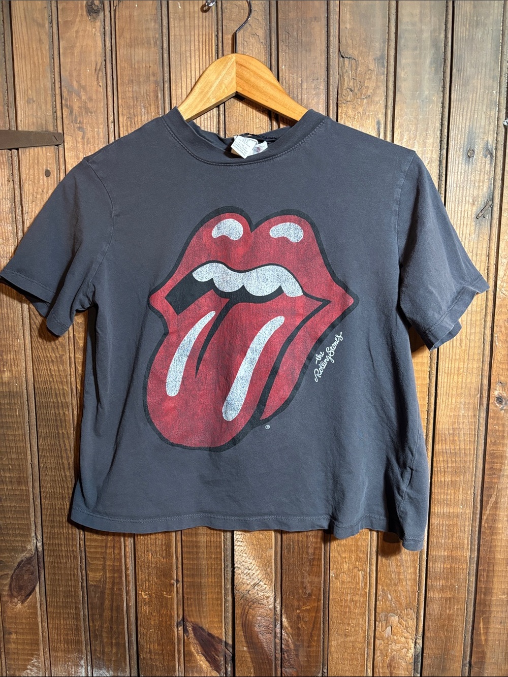 H&M Black Short Sleeve Tee with Red Rolling Stones Tongue Graphic